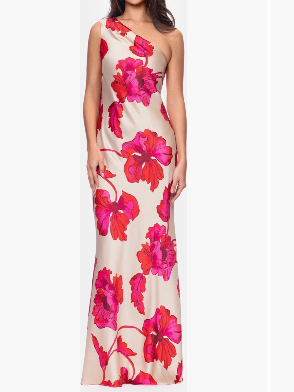 Xscape One-Shoulder Floral Gown in Cream with Pink & Red Blooms - Picture 3 of 3